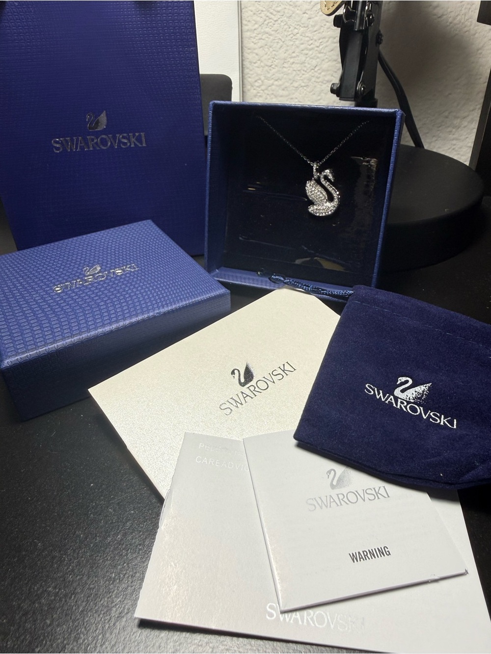 Swarovski Swan Necklace Crystal Pendant Silver Tone With Box